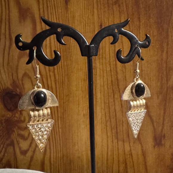 Gold Tone Statement Rhinestone Dangle Earrings - Picture 3 of 5